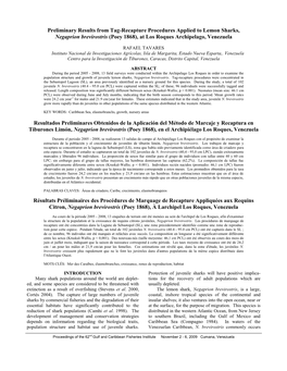 Preliminary Results from Tag-Recapture Procedures Applied to Lemon Sharks, Negaprion Brevirostris (Poey 1868), at Los Roques Archipelago, Venezuela