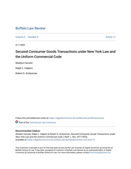 Secured Comsumer Goods Transactions Under New York Law and the Uniform Commercial Code