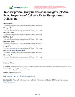 Transcriptome Analysis Provides Insights Into the Root Response of Chinese Fir to Phosphorus Defciency