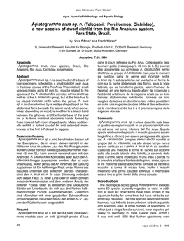 Apistogramma Arua Sp. N. (Teleostei: Perciformes: Cichlidae), a New Species of Dwarf Cichlid from the Rio Arapiuns System, Para State, Brazil