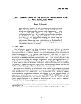 Long Term Missions at the Sun-Earth Libration Point L1: Ace, Soho, and Wind Aas 11