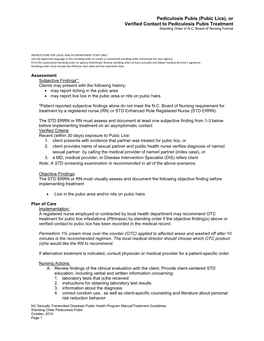 (Pubic Lice), Or Verified Contact to Pediculosis Pubis Treatment Standing Order in N.C