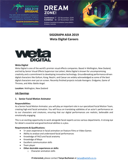 SIGGRAPH ASIA 2019 Weta Digital Careers