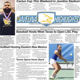 Cactus Cup This Weekend in Javelina Stadium Baseball Hosts West Texas to Open LSC Play