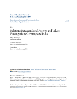 Relations Between Social Axioms and Values: Findings from Germany and India Edgar W