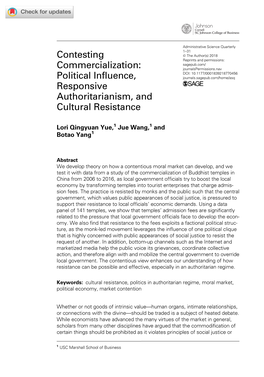 Contesting Commercialization: Political Influence, Responsive Authoritarianism, and Cultural Resistance