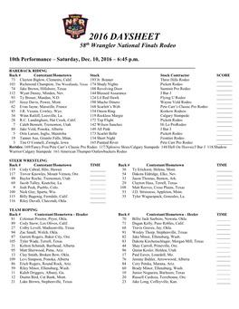 2016 DAYSHEET 58Th Wrangler National Finals Rodeo