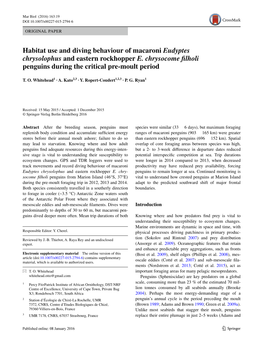 Habitat Use and Diving Behaviour of Macaroni Eudyptes Chrysolophus and Eastern Rockhopper E