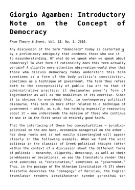 Giorgio Agamben: Introductory Note on the Concept of Democracy