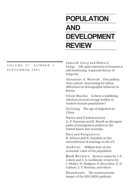 Population and Development Review, Volume 27, Number 3