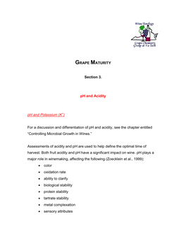 GRAPE MATURITY Section 3. Ph and Acidity Ph and Potassium (K ) for A