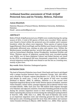 Avifaunal Baseline Assessment of Wadi Al-Quff Protected Area and Its Vicinity, Hebron, Palestine