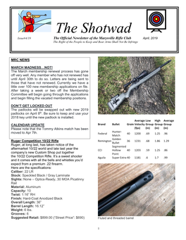 The Shotwad Issue#4/19 the Official Newsletter of the Marysville Rifle Club April, 2019 the Right of the People to Keep and Bear Arms Shall Not Be Infringe