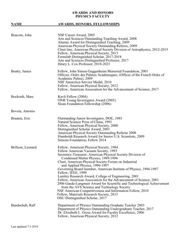 Awards and Honors Physics Faculty