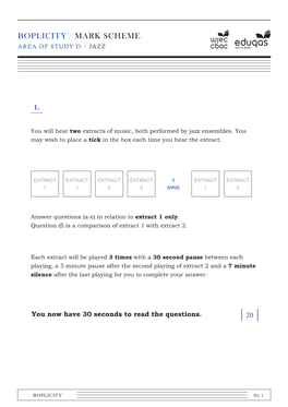 Boplicity / Mark Scheme Area of Study D / Jazz