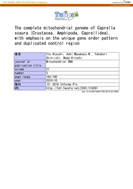 The Complete Mitochondrial Genome of Caprella Scaura (Crustacea, Amphipoda, Caprellidea), with Emphasis on the Unique Gene Order Pattern and Duplicated Control Region