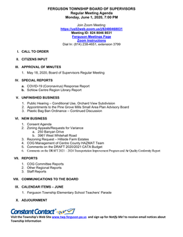 FERGUSON TOWNSHIP BOARD of SUPERVISORS Regular Meeting Agenda Monday, June 1, 2020, 7:00 PM