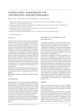 Formulation Ingredients for Toothpastes and Mouthwashes