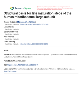 1 Structural Basis for Late Maturation Steps of the Human Mitoribosomal Large Subunit 2 3 4 Authors: Miriam Cipullo1,2,†, Genís Valentín Gesé3,†, Anas Khawaja1,2, 5 B