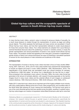 Global Hip-Hop Culture and the Scopophilic Spectacle of Women in South African Hip-Hop Music Videos Ntebaleng Mpetsi Toks Oyedem