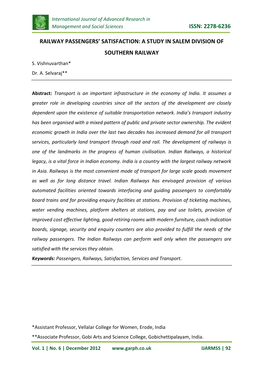 Issn: 2278-6236 Railway Passengers' Satisfaction: A