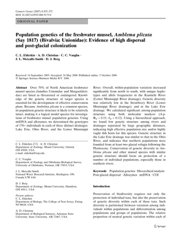 Population Genetics of the Freshwater Mussel, Amblema Plicata (Say 1817) (Bivalvia: Unionidae): Evidence of High Dispersal and Post-Glacial Colonization