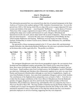 Macphersons Arriving in Victoria, 1840-1865