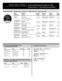 Santa Anita Park | Twenty-Sixth Running, November 6-7, 2009 Number of Races: 14 • Guaranteed Purses: $25.5 Million