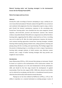 Musical 'Learning Styles' and 'Learning Strategies' in the Instrumental Lesson: Some Emergent Findings from a Pilot Study