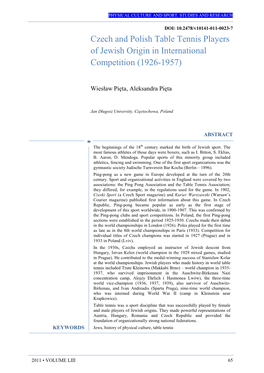 Czech and Polish Table Tennis Players of Jewish Origin in International Competition (1926�1957)