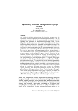 Questioning Traditional Assumptions of Language Teaching Vivian Cook Newcastle University Vivian.Cook@Newcastle.Ac.Uk