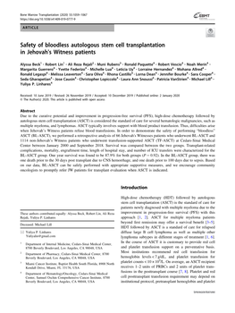 Safety of Bloodless Autologous Stem Cell Transplantation in Jehovah's Witness Patients