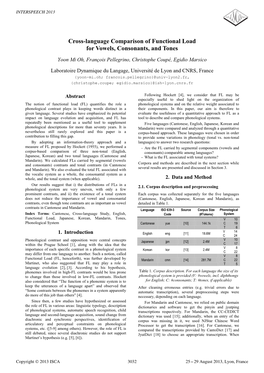 Cross-Language Comparison of Functional Load for Vowels, Consonants, and Tones