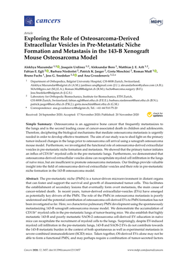 Exploring the Role of Osteosarcoma-Derived Extracellular Vesicles in Pre-Metastatic Niche Formation and Metastasis in the 143-B Xenograft Mouse Osteosarcoma Model