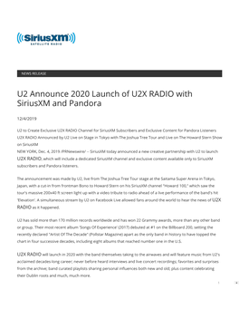 U2 Announce 2020 Launch of U2X RADIO with Siriusxm and Pandora