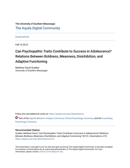 Can Psychopathic Traits Contribute to Success in Adolescence? Relations Between Boldness, Meanness, Disinhibition, and Adaptive Functioning