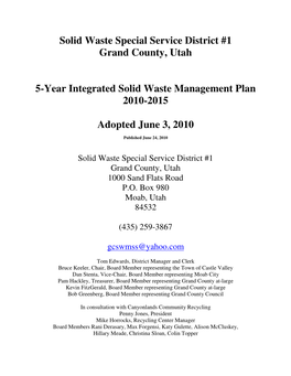 Solid Waste Special Service District #1 Grand County, Utah 5-Year Integrated Solid Waste Management Plan 2010-2015