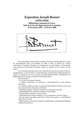 Exposition Joseph Bonnet (1884-1944) Bibliothèque Nationale De France Salle De Lecture Du Département De La Musique 15 Novembre 2007 – 16 Février 2008