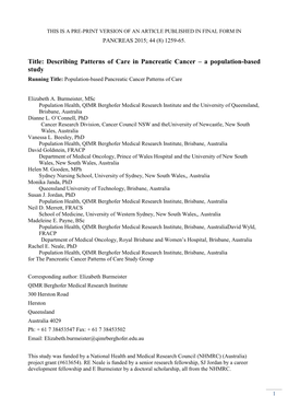 Describing Patterns of Care in Pancreatic Cancer – a Population-Based Study Running Title: Population-Based Pancreatic Cancer Patterns of Care