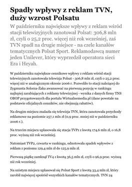 Spadły Wpływy Z Reklam TVN, Duży Wzrost Polsatu W Październiku Największe Wpływy Z Reklam Wśród Stacji Telewizyjnych Zanotował Polsat: 306,8 Mln Zł, Czyli O 25,2 Proc