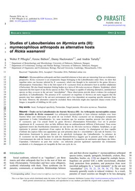 Studies of Laboulbeniales on Myrmica Ants (III): 4 Myrmecophilous Arthropods As Alternative Hosts 5 of Rickia Wasmannii