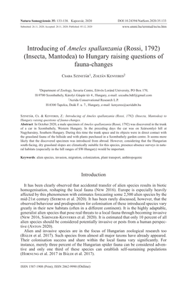 Introducing of Ameles Spallanzania (Rossi, 1792) (Insecta, Mantodea) to Hungary Raising Questions of Fauna-Changes