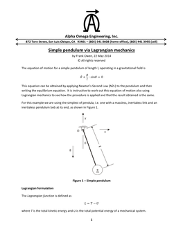 Simple Pendulum Via Lagrangian Mechanics by Frank Owen, 22 May 2014 © All Rights Reserved