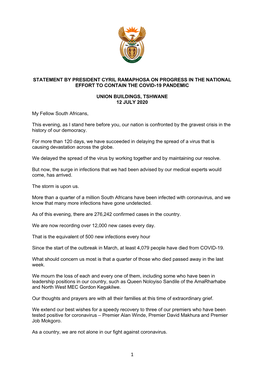 Statement by President Cyril Ramaphosa on Progress in the National Effort to Contain the Covid-19 Pandemic