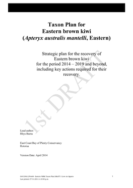 Taxon Plan for Eastern Brown Kiwi (Apteryx Australis Mantelli, Eastern)
