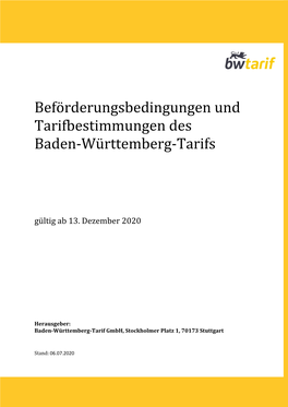 Beförderungsbedingungen Und Tarifbestimmungen Des Baden-Württemberg-Tarifs