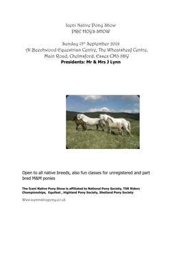 Iceni Native Pony Show PRE HOYS SHOW Sunday 15Th September 2019 at Beechwood Equestrian Centre, the Wheatsheaf Centre, Main Road