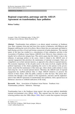 Regional Cooperation, Patronage and the ASEAN Agreement on Transboundary Haze Pollution