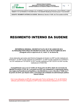 REGIMENTO INTERNO DA SUDENE (Referência: Decreto Nº 8.891, De 27 De Outubro De 2016)