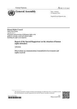 Report of the Special Rapporteur on the Situation of Human Rights Defenders
